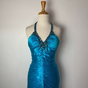 Cache vintage y2k blue silk halter neck beaded prom maxi dress